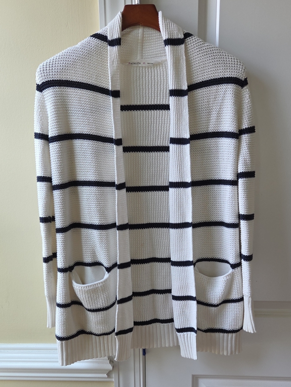 Athleta Highland Wrap waffle knit cardigan sweater in cream/navy stripe sz XS - Picture 2 of 7
